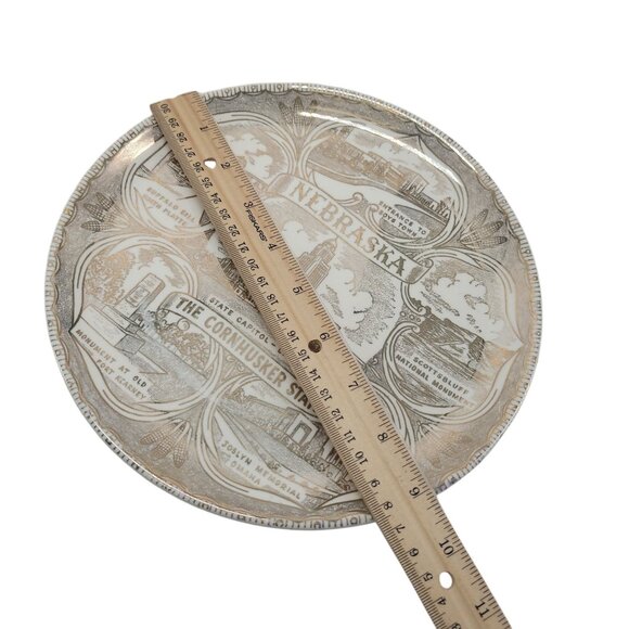 Vintage Nebraska Souvenir Plate 9" With State Capitol & Landmarks In Brow & Gold - Picture 3 of 15